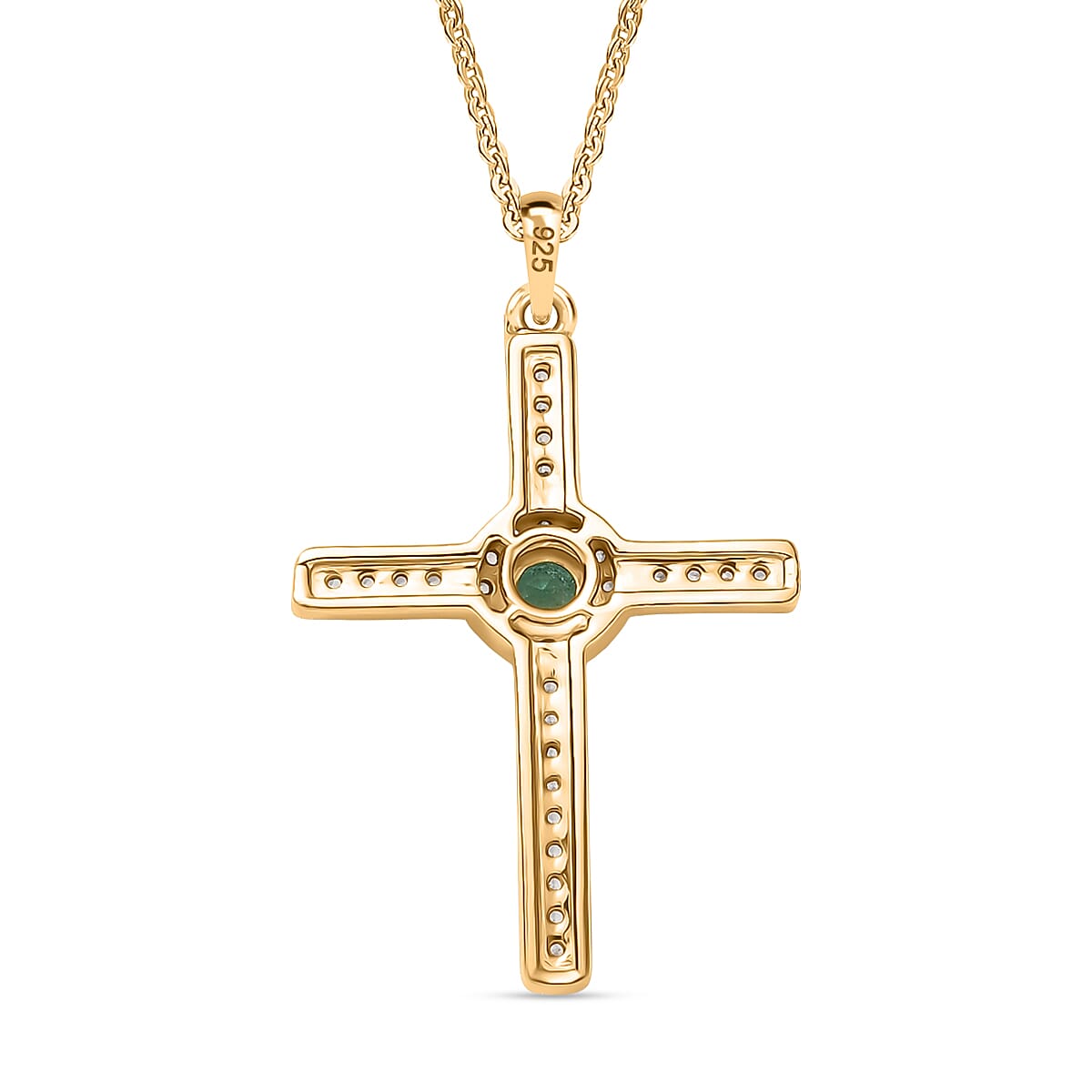 Colombian Emerald & White Zircon Cross Pendant with Chain (Size 20) in 18K Vermeil Yellow Gold Plated Sterling Silver Colombian Emerald & White Zircon Cross Pendant with Chain (Size 20) in 18K Vermeil Yellow Gold Plated Sterling Silver