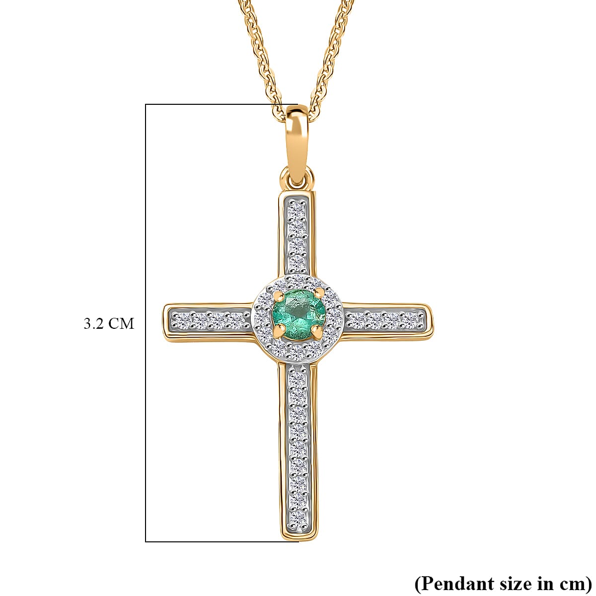 Colombian Emerald & White Zircon Cross Pendant with Chain (Size 20) in 18K Vermeil Yellow Gold Plated Sterling Silver Colombian Emerald & White Zircon Cross Pendant with Chain (Size 20) in 18K Vermeil Yellow Gold Plated Sterling Silver