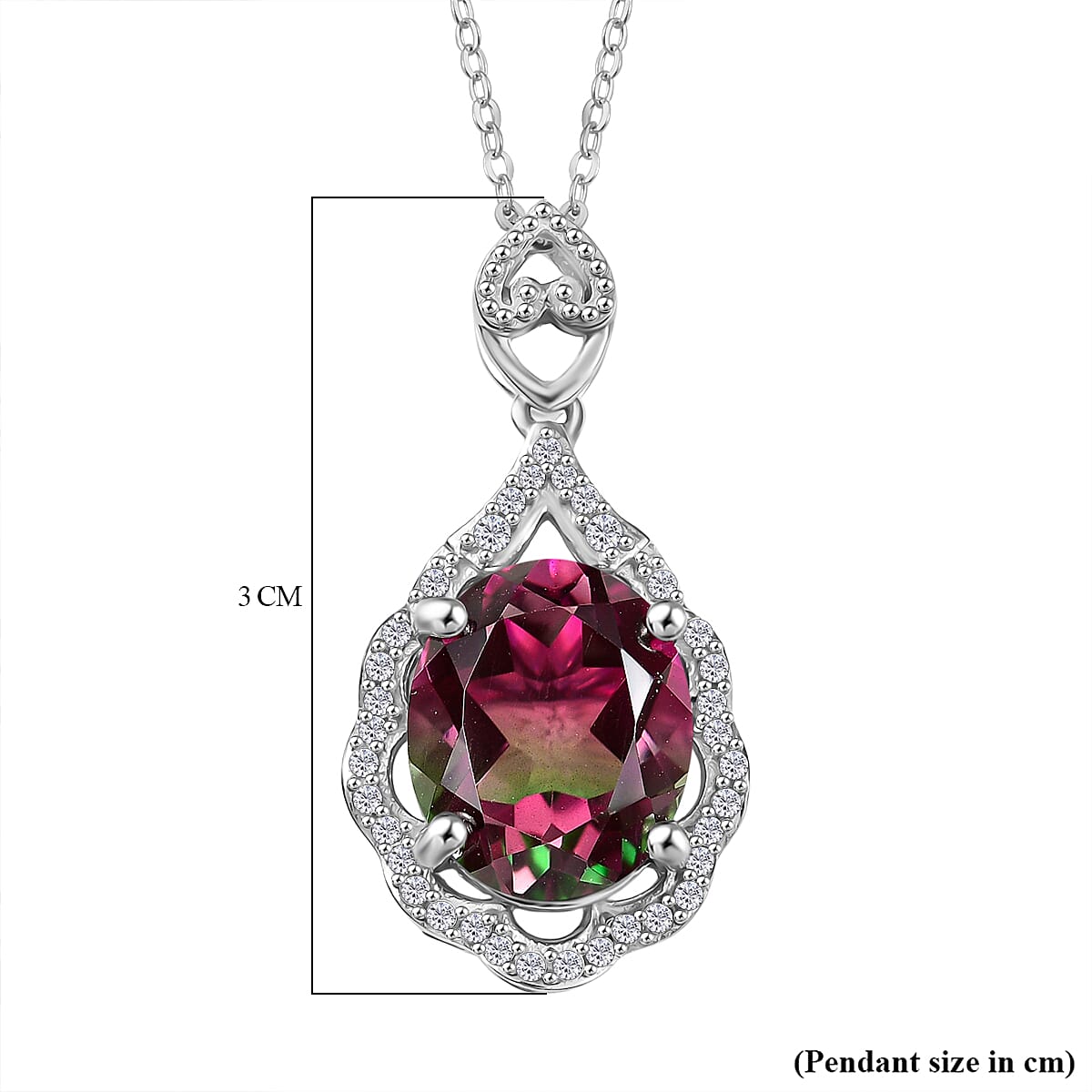 Watermelon Quartz Triplet & White Zircon Pendant with Chain (Size 20) in Rhodium Overlay Sterling Silver 5.87 Ct. Watermelon Quartz Triplet & White Zircon Pendant with Chain (Size 20) in Rhodium Overlay Sterling Silver 5.87 Ct.
