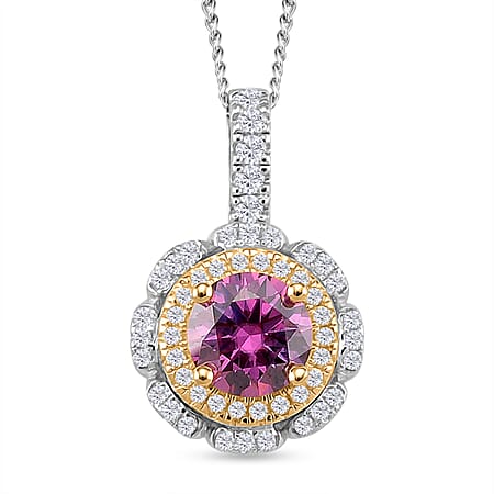 Pink Lotus Coated Moissanite & Moissanite Pendant with Chain (Size 18) in Rhodium Overlay & Vermeil Yellow Gold Plated Sterling Silver 1.25 Ct.