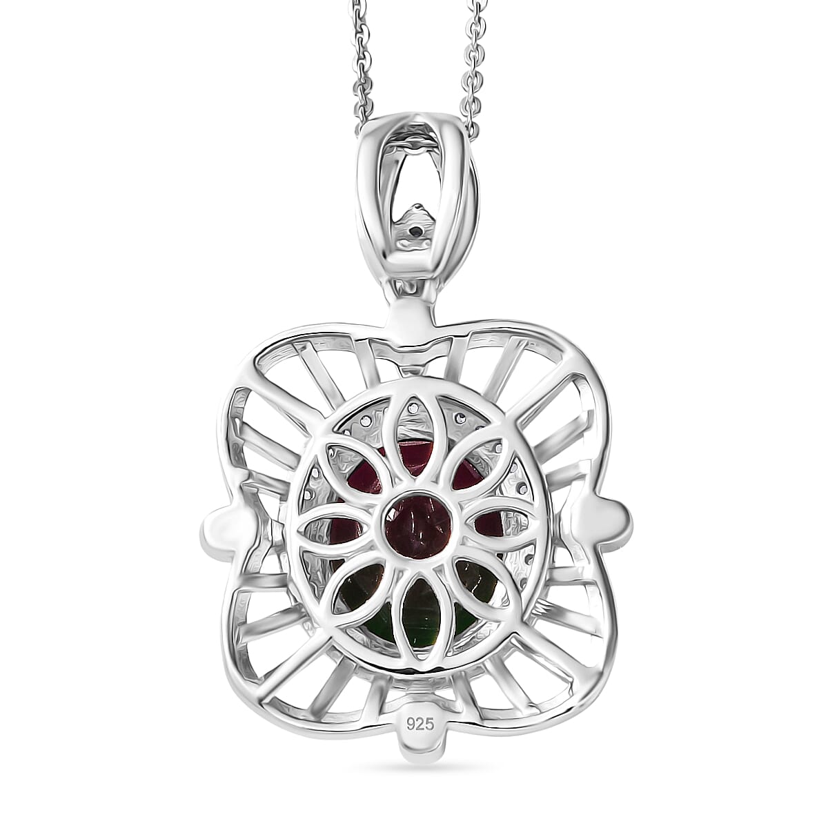 Watermelon Quartz Triplet & White Zircon Pendant with Chain (Size 20) in Rhodium Overlay Sterling Silver 5.87 Ct, Silver Wt. 6.10 Gms. Watermelon Quartz Triplet & White Zircon Pendant with Chain (Size 20) in Rhodium Overlay Sterling Silver 5.87 Ct, Silver Wt. 6.10 Gms.