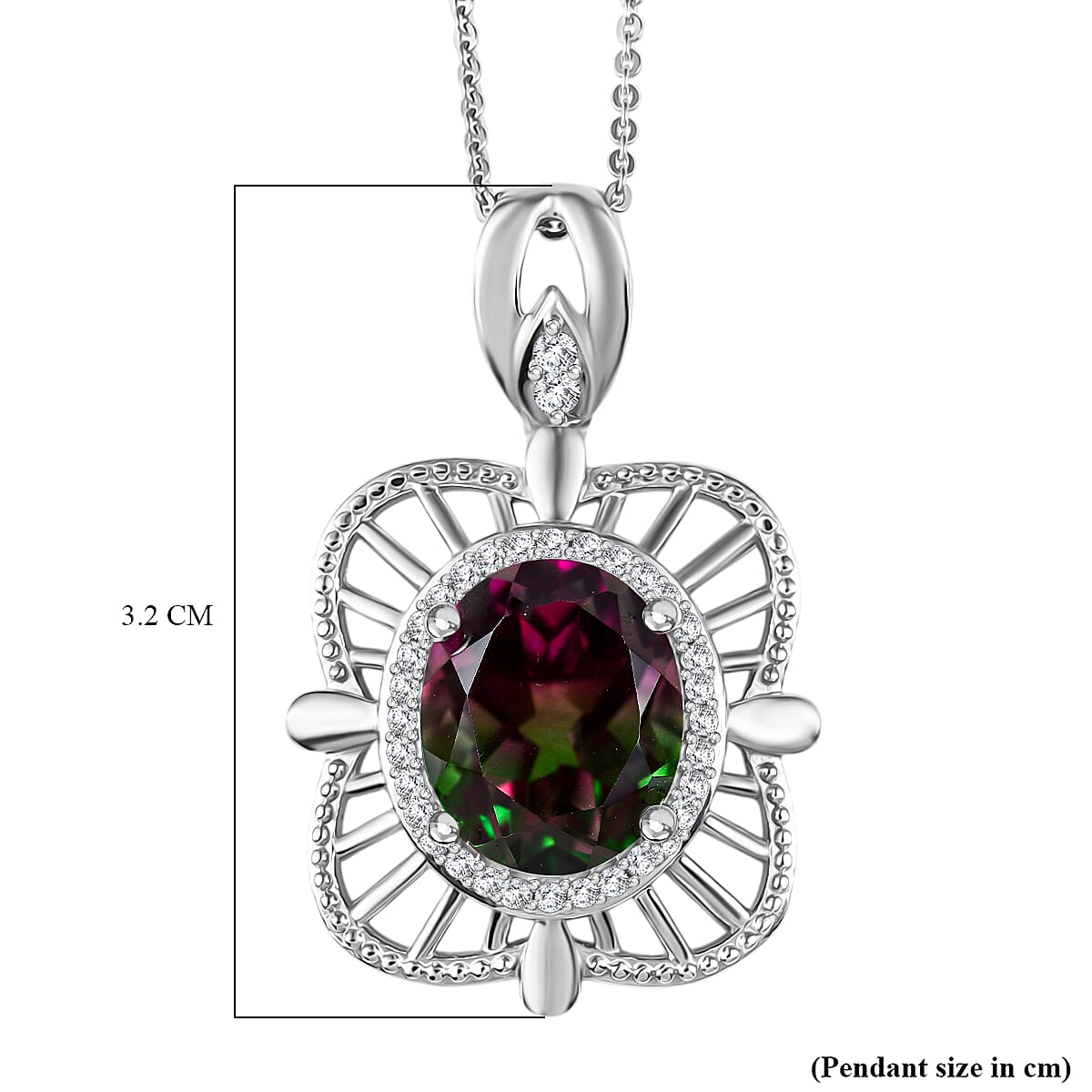 Watermelon Quartz Triplet & White Zircon Pendant with Chain (Size 20) in Rhodium Overlay Sterling Silver 5.87 Ct, Silver Wt. 6.10 Gms. Watermelon Quartz Triplet & White Zircon Pendant with Chain (Size 20) in Rhodium Overlay Sterling Silver 5.87 Ct, Silver Wt. 6.10 Gms.