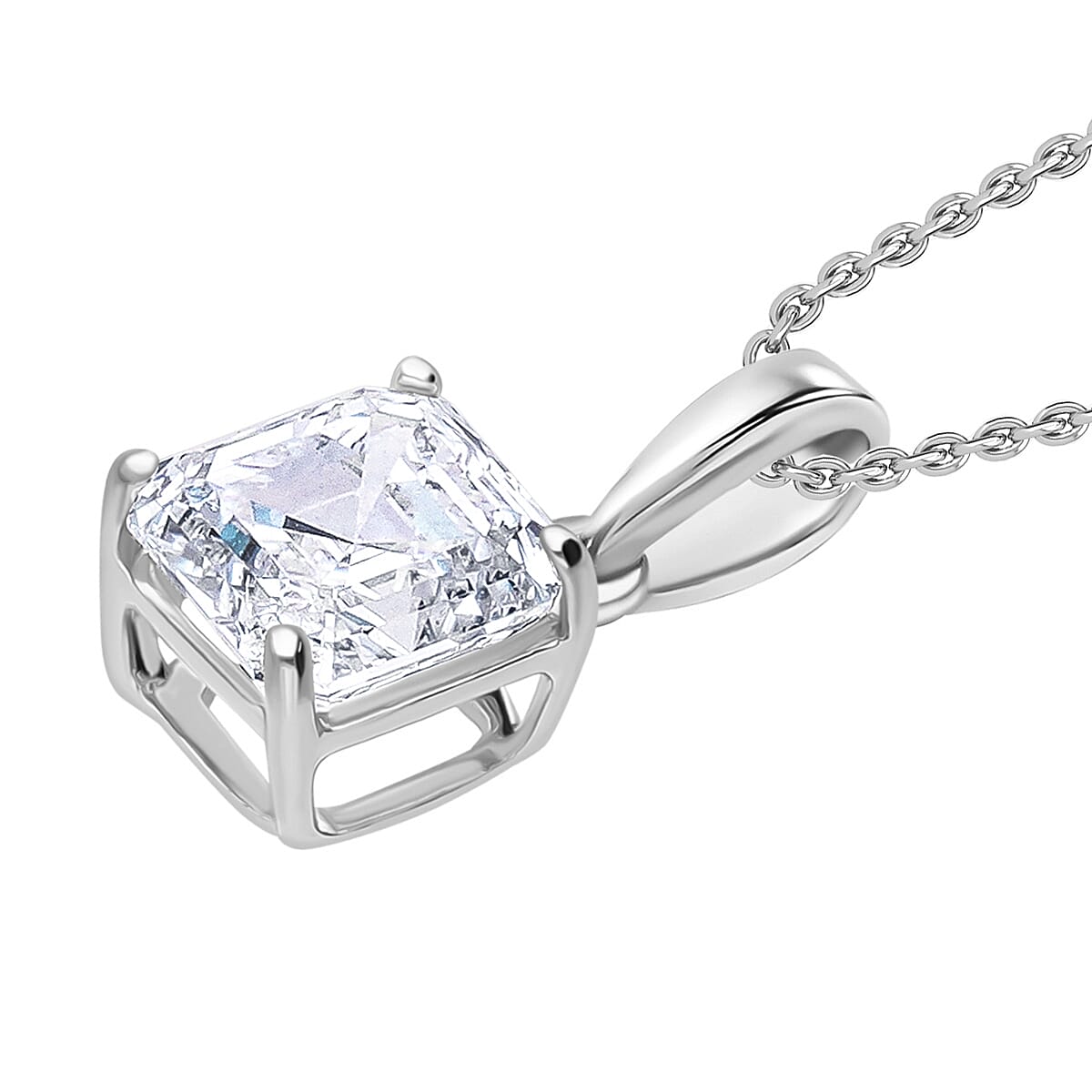 Luxuriant Diamond Asscher Cut Lab Grown Diamond Pendant with Chain (Size 18-20) in Rhodium Overlay Sterling Silver