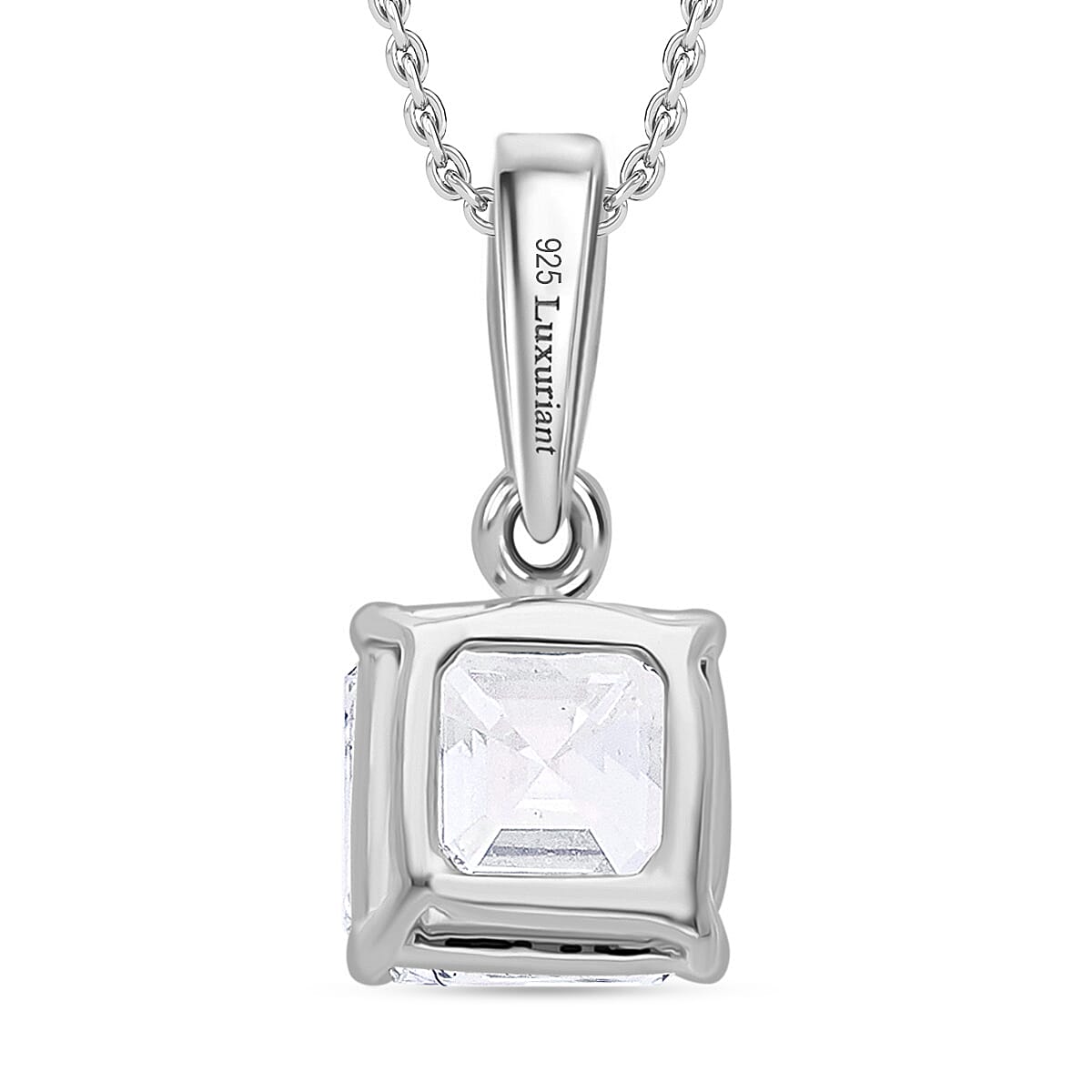 Luxuriant Diamond Asscher Cut Lab Grown Diamond Pendant with Chain (Size 18-20) in Rhodium Overlay Sterling Silver