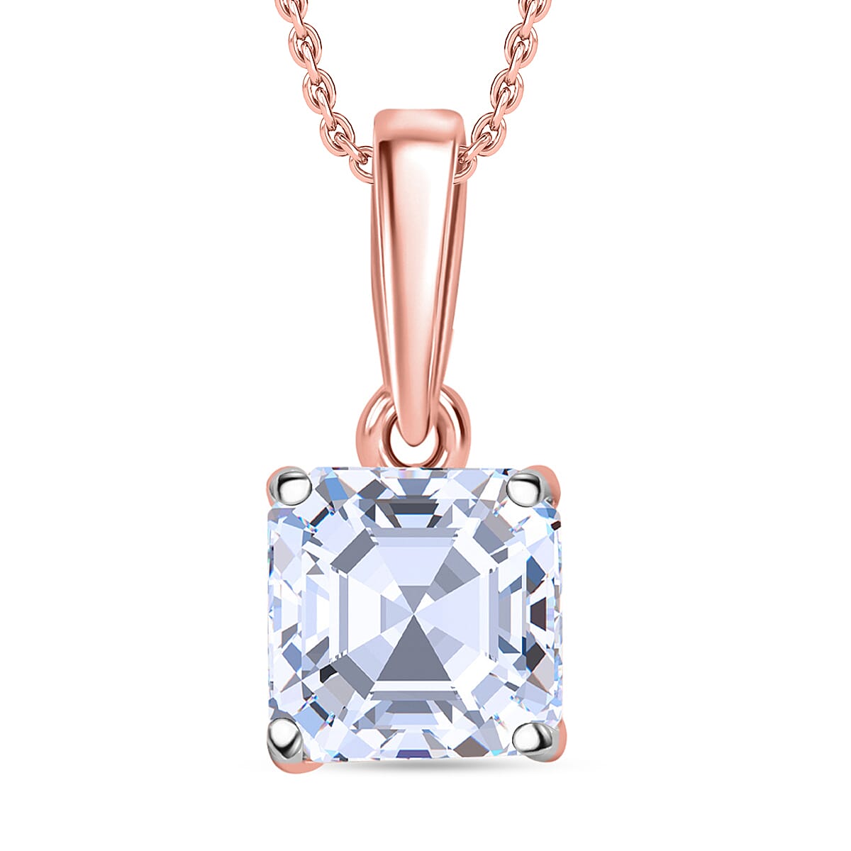 Luxuriant Diamond Asscher Cut Lab Grown Diamond Pendant with Chain (Size 18-20) in Vermeil Rose Gold Plated Sterling Silver