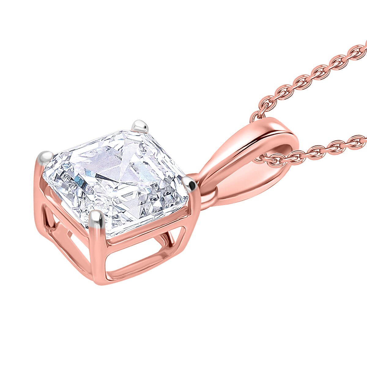 Luxuriant Diamond Asscher Cut Lab Grown Diamond Pendant with Chain (Size 18-20) in Vermeil Rose Gold Plated Sterling Silver