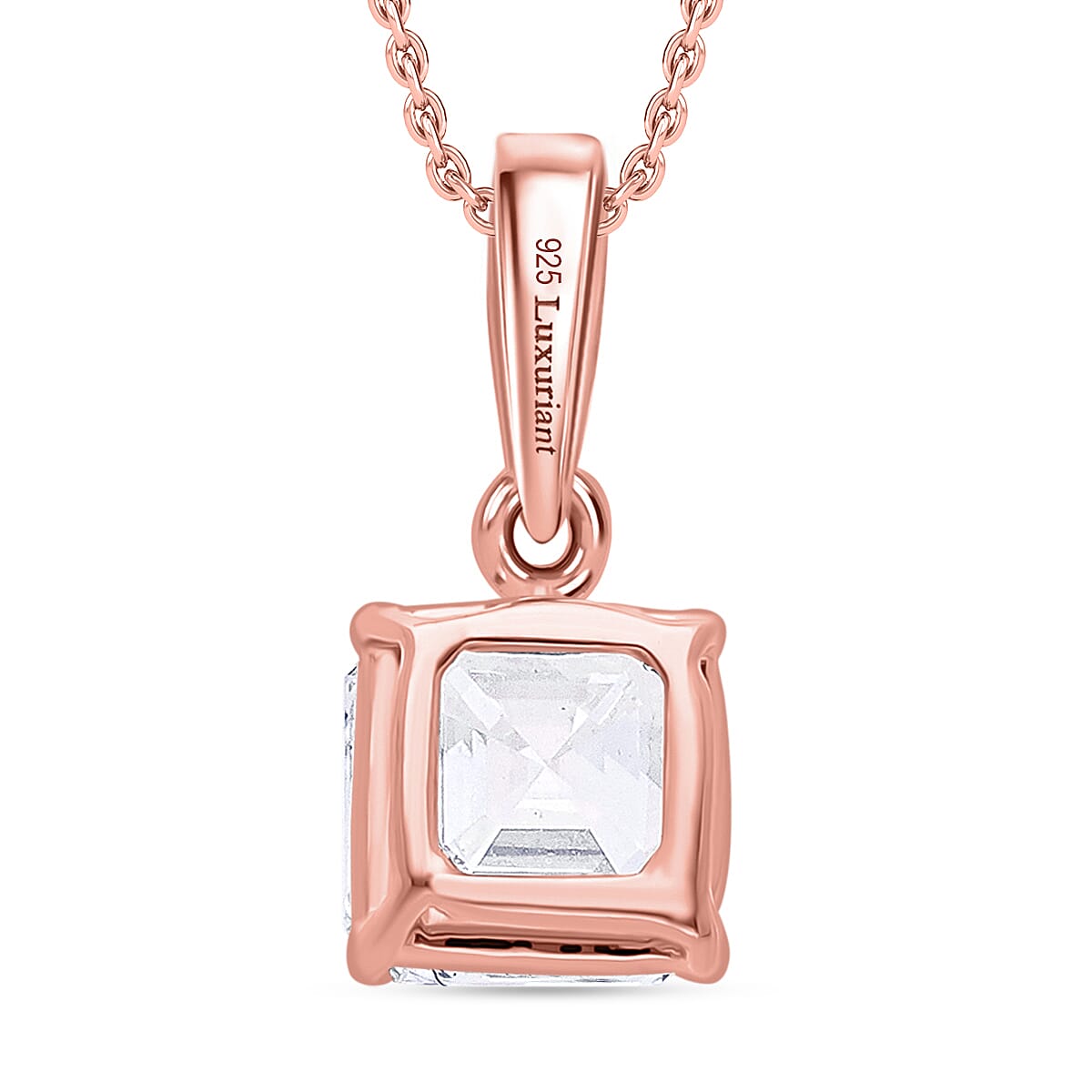 Luxuriant Diamond Asscher Cut Lab Grown Diamond Pendant with Chain (Size 18-20) in Vermeil Rose Gold Plated Sterling Silver