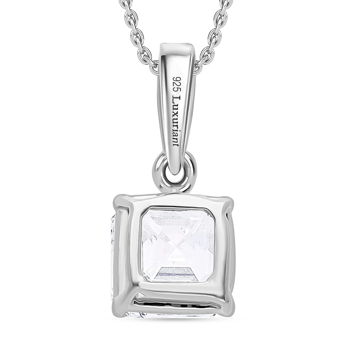 Luxuriant Diamond Asscher Cut Lab Grown Diamond Pendant with Chain (Size 18-20) in Rhodium Overlay Sterling Silver 1.00 Ct. Luxuriant Diamond Asscher Cut Lab Grown Diamond Pendant with Chain (Size 18-20) in Rhodium Overlay Sterling Silver 1.00 Ct.