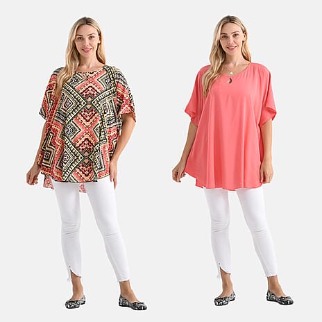 - Maisi - Set of 2 Womens Diamond Pattern - Solid Viscose Round Neck Top (One Size) - Orange