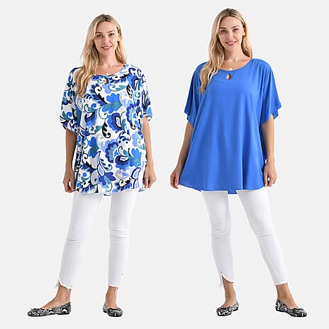 - Maisi - Set of 2 Women Leaf print - Solid Viscose Round Neck Top (One Size) - Blue