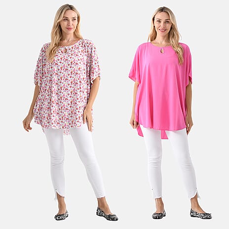 - Maisi - Set of 2 Womens Floral Print - Solid Viscose Round Neck Top (One Size) - Pink