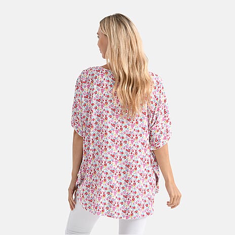 - Maisi - Set of 2 Womens Floral Print - Solid Viscose Round Neck Top (One Size) - Pink