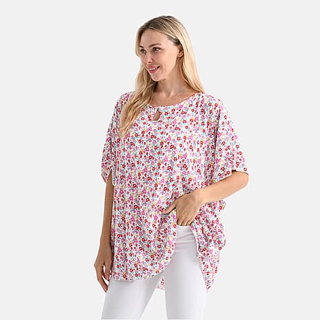 - Maisi - Set of 2 Womens Floral Print - Solid Viscose Round Neck Top (One Size) - Pink