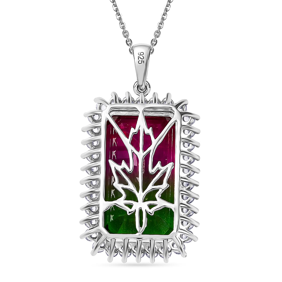Watermelon Quartz Triplet & White Zircon Pendant with Chain (Size 20) in Rhodium Overlay Sterling Silver 23.37 Ct. Watermelon Quartz Triplet & White Zircon Pendant with Chain (Size 20) in Rhodium Overlay Sterling Silver 23.37 Ct.