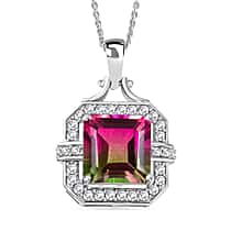 Watermelon Quartz Triplet & White Zircon Pendant with Chain (Size 20) in Rhodium Overlay Sterling Silver 5.58 Ct.