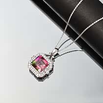 Watermelon Quartz Triplet & White Zircon Pendant with Chain (Size 20) in Rhodium Overlay Sterling Silver 5.58 Ct.