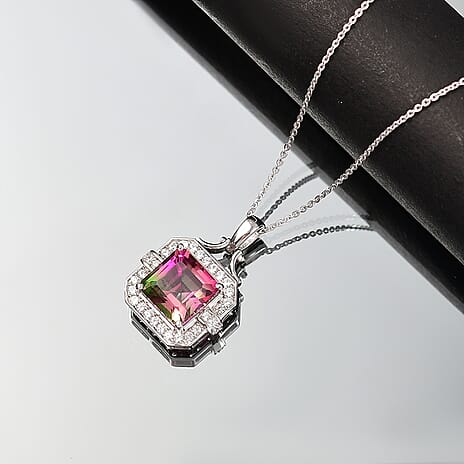 Watermelon Quartz Triplet & White Zircon Pendant with Chain (Size 20) in Rhodium Overlay Sterling Silver 5.58 Ct.