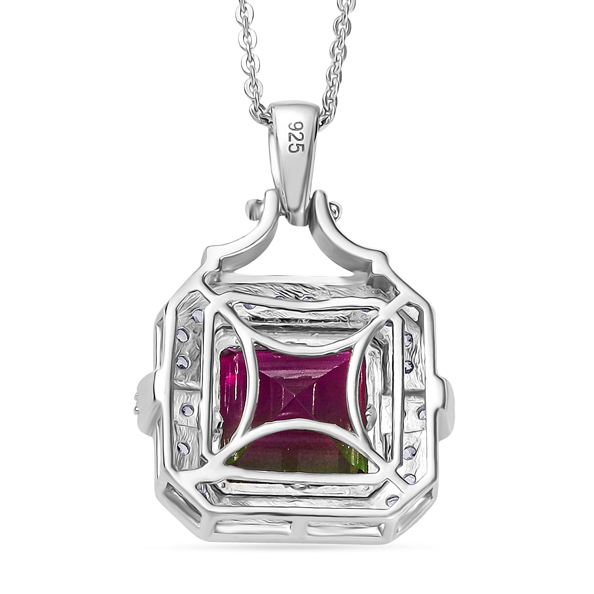 Watermelon Quartz Triplet & White Zircon Pendant with Chain (Size 20) in Rhodium Overlay Sterling Silver 5.58 Ct. Watermelon Quartz Triplet & White Zircon Pendant with Chain (Size 20) in Rhodium Overlay Sterling Silver 5.58 Ct.