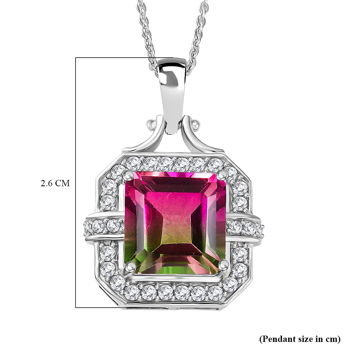 Watermelon Quartz Triplet & White Zircon Pendant with Chain (Size 20) in Rhodium Overlay Sterling Silver 5.58 Ct. Watermelon Quartz Triplet & White Zircon Pendant with Chain (Size 20) in Rhodium Overlay Sterling Silver 5.58 Ct.