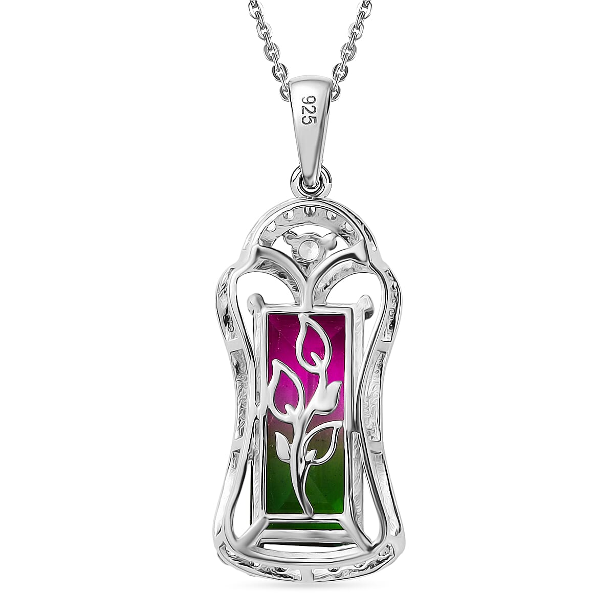 Watermelon Quartz Triplet & White Zircon Pendant with Chain (Size 20) in Rhodium Overlay Sterling Silver 7.78 Ct. Watermelon Quartz Triplet & White Zircon Pendant with Chain (Size 20) in Rhodium Overlay Sterling Silver 7.78 Ct.