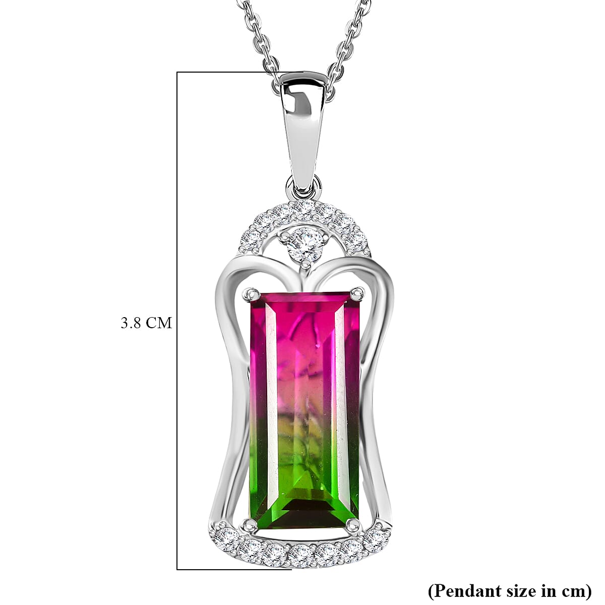 Watermelon Quartz Triplet & White Zircon Pendant with Chain (Size 20) in Rhodium Overlay Sterling Silver 7.78 Ct. Watermelon Quartz Triplet & White Zircon Pendant with Chain (Size 20) in Rhodium Overlay Sterling Silver 7.78 Ct.