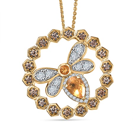GP HoneyComb Collection - Fire Opal, Brown Zircon, White Zircon & Blue Sapphire Pendant with Chain (Size 20) in 18K Vermeil Yellow Gold Plated Sterling Silver 1.97 Ct.