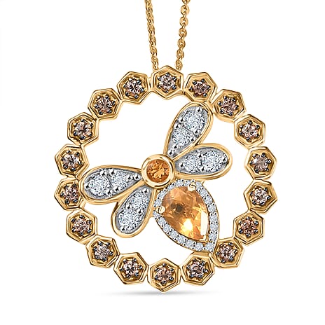 GP HoneyComb Collection - Fire Opal, Brown Zircon, White Zircon & Blue Sapphire Pendant with Chain (Size 20) in 18K Vermeil Yellow Gold Plated Sterling Silver 1.97 Ct.
