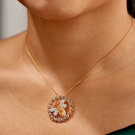 GP HoneyComb Collection - Fire Opal, Brown Zircon, White Zircon & Blue Sapphire Pendant with Chain (Size 20) in 18K Vermeil Yellow Gold Plated Sterling Silver 1.97 Ct.