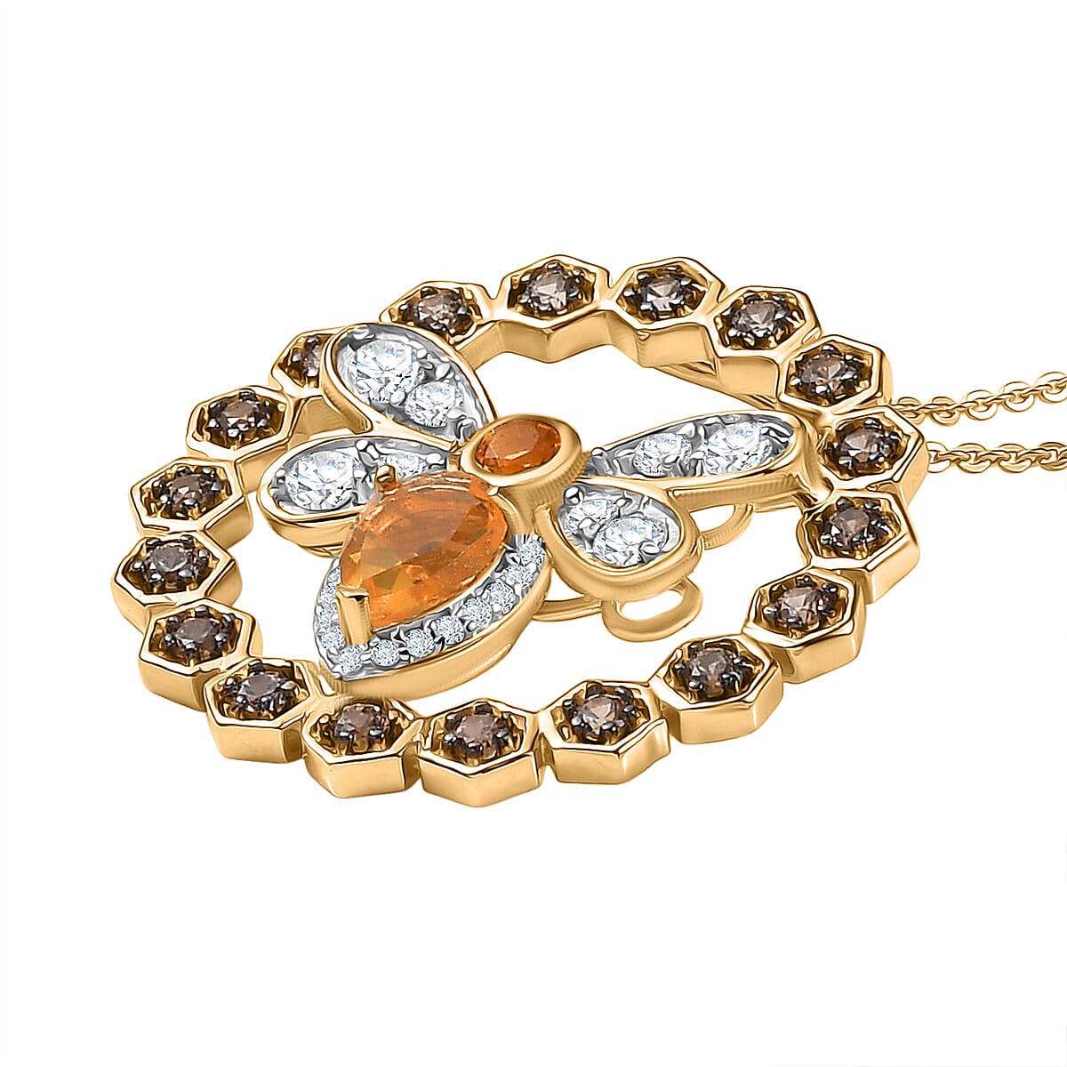GP HoneyComb Collection - Fire Opal, Brown Zircon, White Zircon & Blue Sapphire Pendant with Chain (Size 20) in 18K Vermeil Yellow Gold Plated Sterling Silver 1.97 Ct. GP HoneyComb Collection - Fire Opal, Brown Zircon, White Zircon & Blue Sapphire Pendant with Chain (Size 20) in 18K Vermeil Yellow Gold Plated Sterling Silver 1.97 Ct.