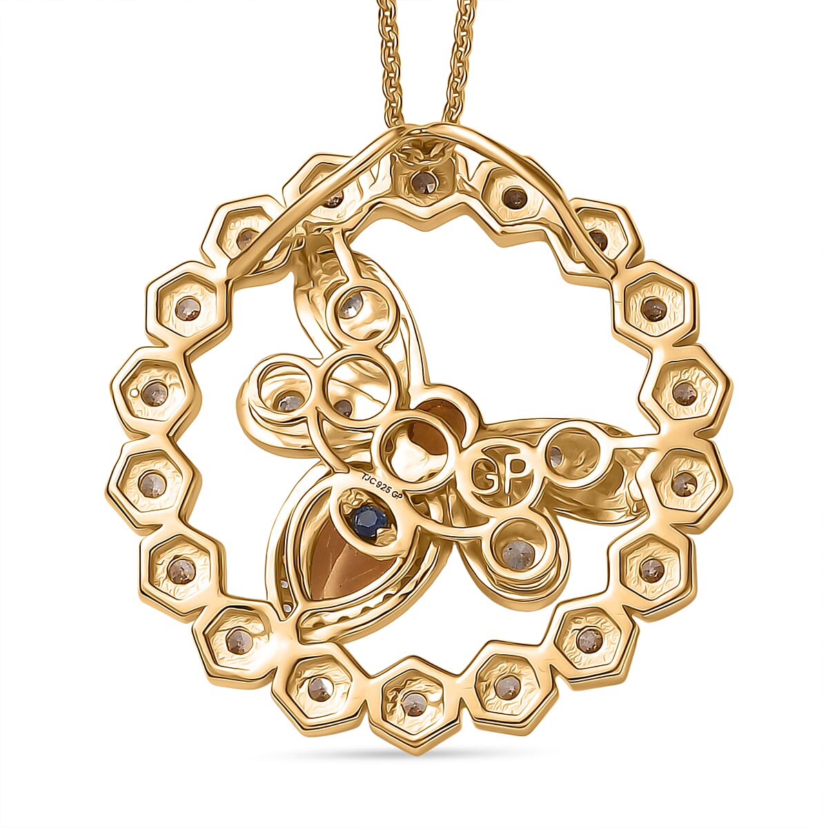 GP HoneyComb Collection - Fire Opal, Brown Zircon, White Zircon & Blue Sapphire Pendant with Chain (Size 20) in 18K Vermeil Yellow Gold Plated Sterling Silver 1.97 Ct. GP HoneyComb Collection - Fire Opal, Brown Zircon, White Zircon & Blue Sapphire Pendant with Chain (Size 20) in 18K Vermeil Yellow Gold Plated Sterling Silver 1.97 Ct.