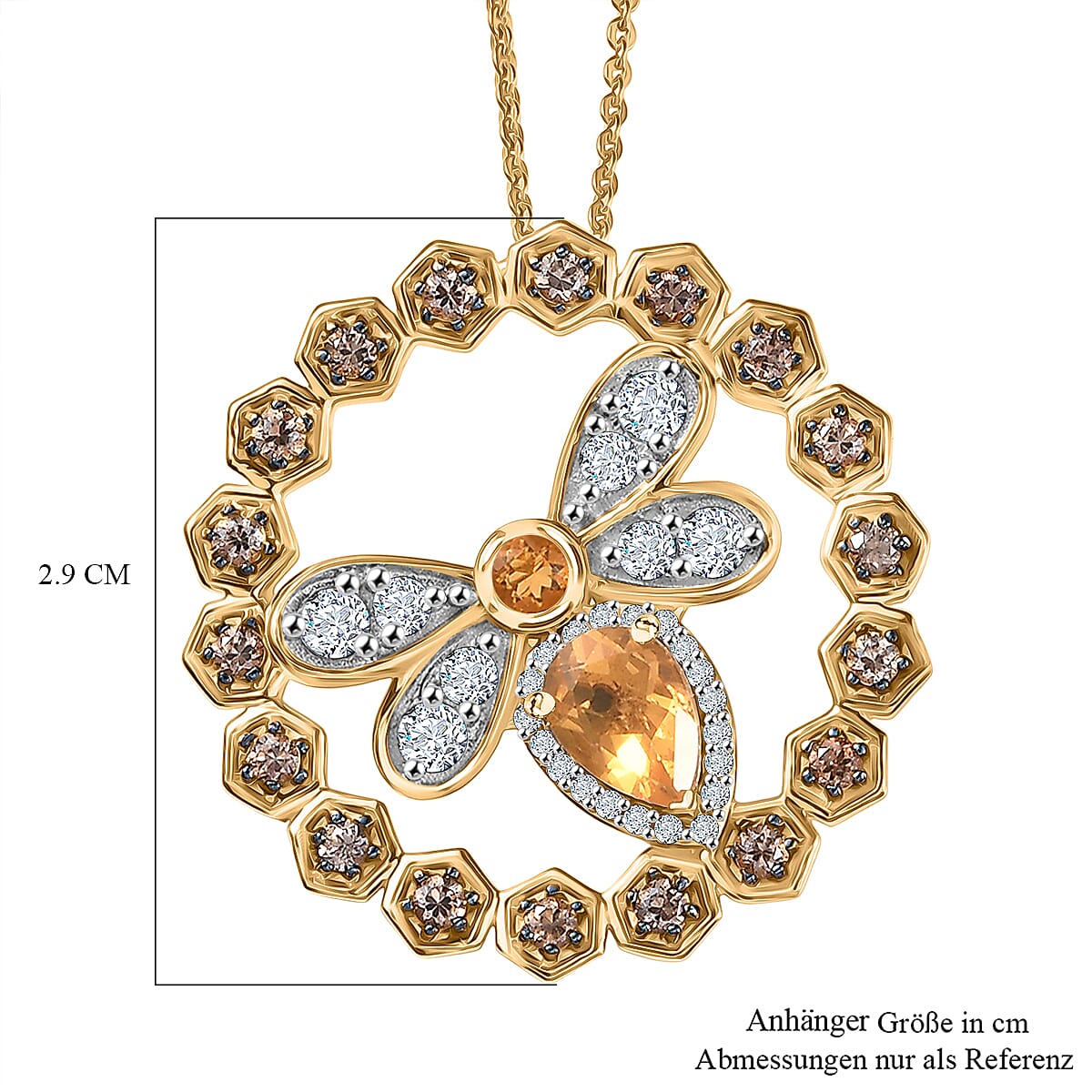 GP HoneyComb Collection - Fire Opal, Brown Zircon, White Zircon & Blue Sapphire Pendant with Chain (Size 20) in 18K Vermeil Yellow Gold Plated Sterling Silver 1.97 Ct. GP HoneyComb Collection - Fire Opal, Brown Zircon, White Zircon & Blue Sapphire Pendant with Chain (Size 20) in 18K Vermeil Yellow Gold Plated Sterling Silver 1.97 Ct.