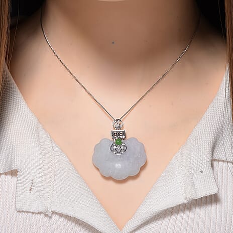 Natural White Jade & Green Jade Pendant (Size - 18) with Lobster Clasp in Rhodium Overlay Sterling Silver 54.24 Ct.