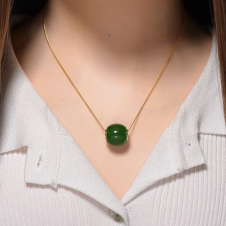 Green Jade Pendant with Chain (Size 18) in 18K Vermeil Yellow Gold Plated Sterling Silver 27.11 Ct.