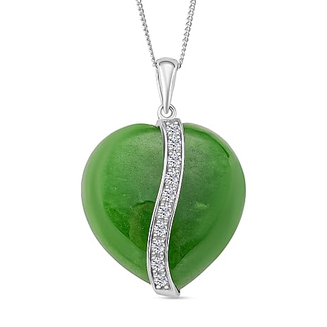 Enhanced Green Jade & Moissanite Pendant with Chain (Size 18) with Lobster Clasp in Rhodium Overlay Sterling Silver 67.70 Ct.