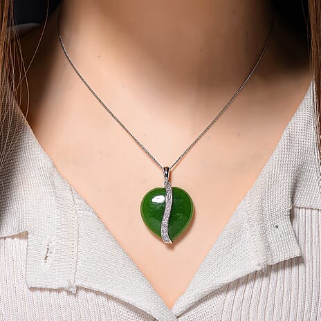 Enhanced Green Jade & Moissanite Pendant with Chain (Size 18) with Lobster Clasp in Rhodium Overlay Sterling Silver 67.70 Ct.