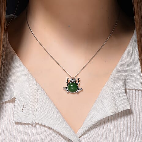 Enhanced Green Jade & Moissanite Pendant with Chain (Size 18) with Lobster Clasp in Rhodium Overlay Sterling Silver 6.25 Ct.