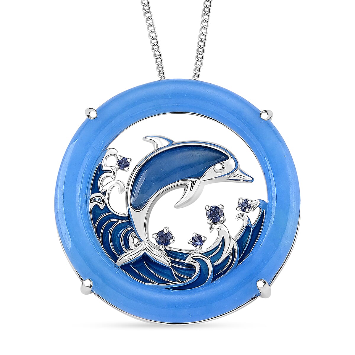 GP Sealife Collection - Blue Jade & Kanchanaburi Blue Sapphire Pendant with Chain (Size 18) in Rhodium Overlay Sterling Silver 19.13 Ct, Silver Wt. 7.30 Gms.