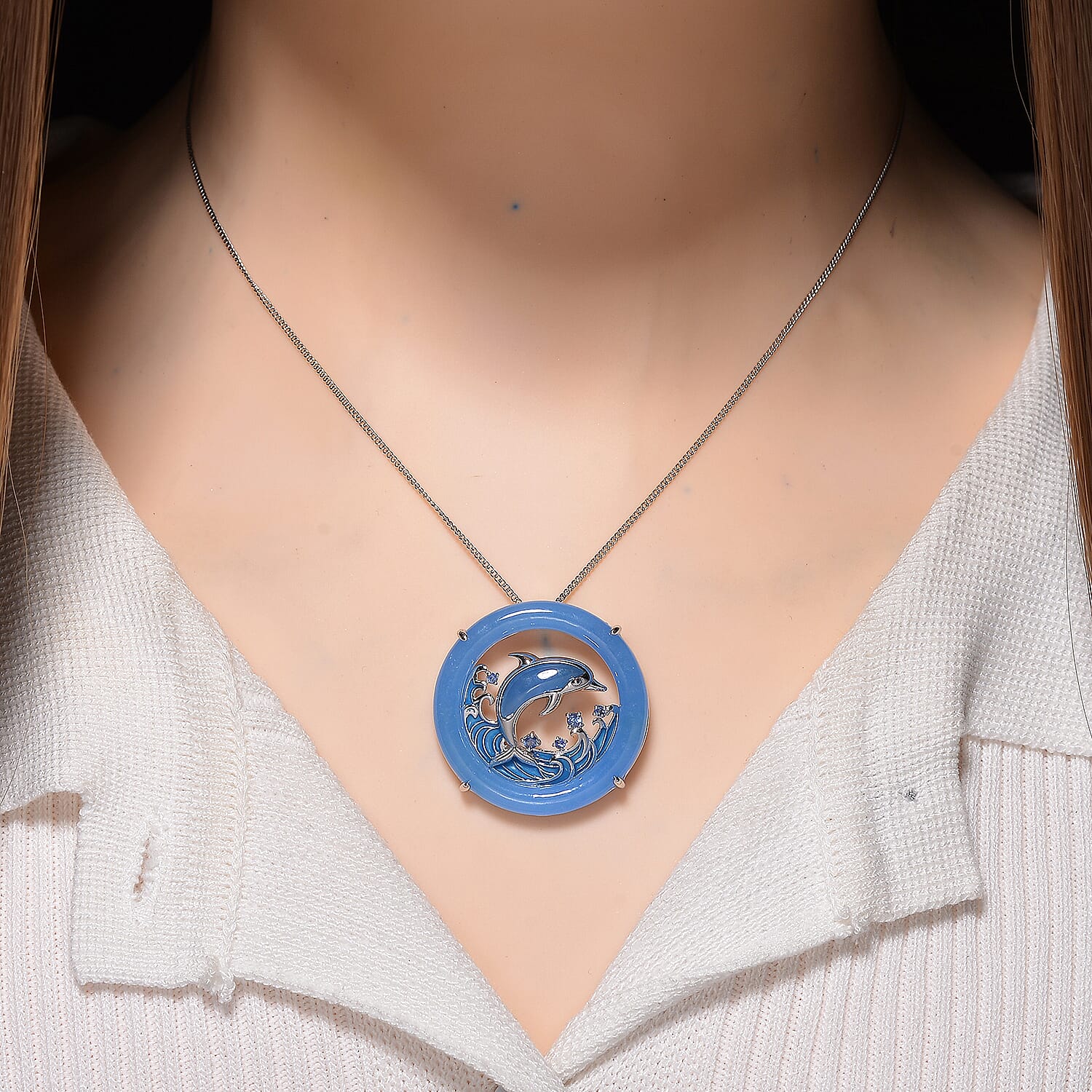 GP Sealife Collection - Blue Jade & Kanchanaburi Blue Sapphire Pendant with Chain (Size 18) in Rhodium Overlay Sterling Silver 19.13 Ct, Silver Wt. 7.30 Gms.
