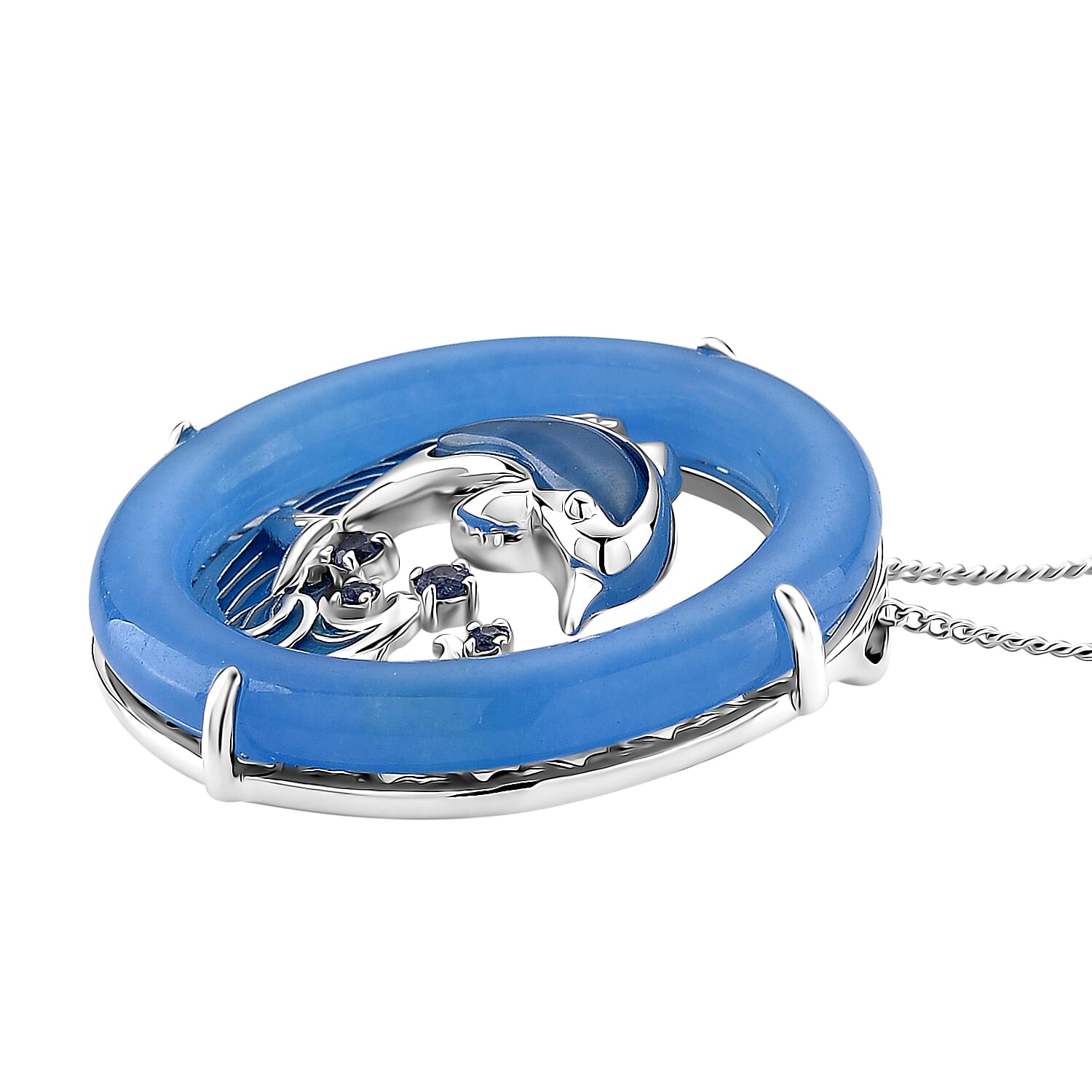 GP Sealife Collection - Blue Jade & Kanchanaburi Blue Sapphire Pendant with Chain (Size 18) in Rhodium Overlay Sterling Silver 19.13 Ct, Silver Wt. 7.30 Gms.