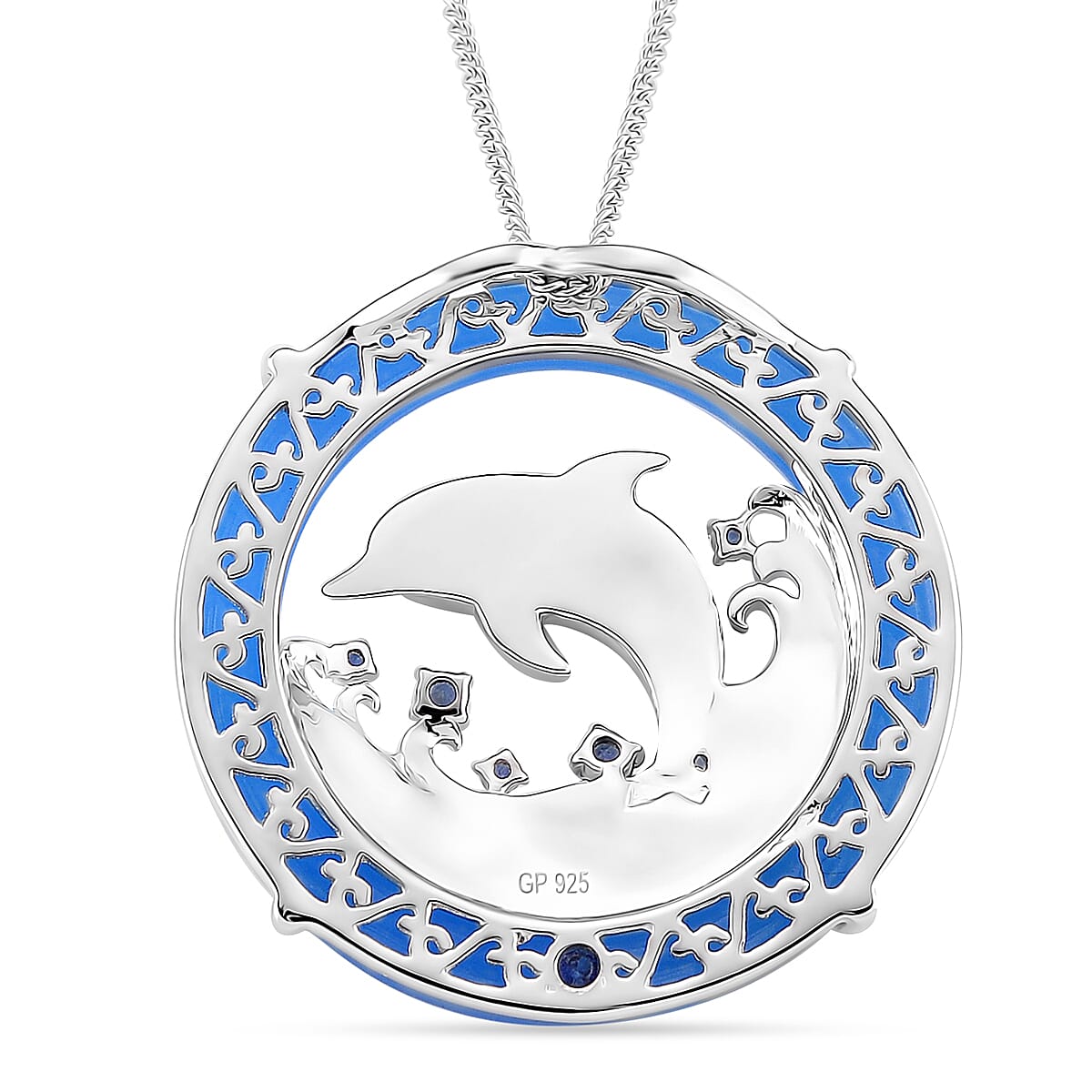 GP Sealife Collection - Blue Jade & Kanchanaburi Blue Sapphire Pendant with Chain (Size 18) in Rhodium Overlay Sterling Silver 19.13 Ct, Silver Wt. 7.30 Gms.