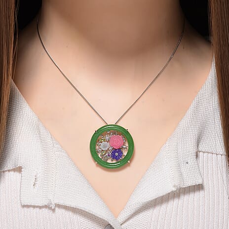 GP Italian Garden Collection - Green Jade & Multi Gemstones Pendant with Chain (Size 18) in Rhodium Overlay Sterling Silver 23.74 Ct, Silver Wt. 6.60 Gms.