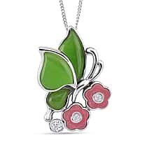 GP Italian Garden Collection - Green Jade, Pink Jade, White Zircon Butterfly Pendant with Chain (Size 18) in Rhodium Overlay Sterling Silver 7.54 Ct.