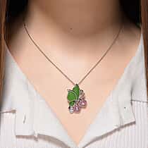 GP Italian Garden Collection - Green Jade, Pink Jade, White Zircon Butterfly Pendant with Chain (Size 18) in Rhodium Overlay Sterling Silver 7.54 Ct.