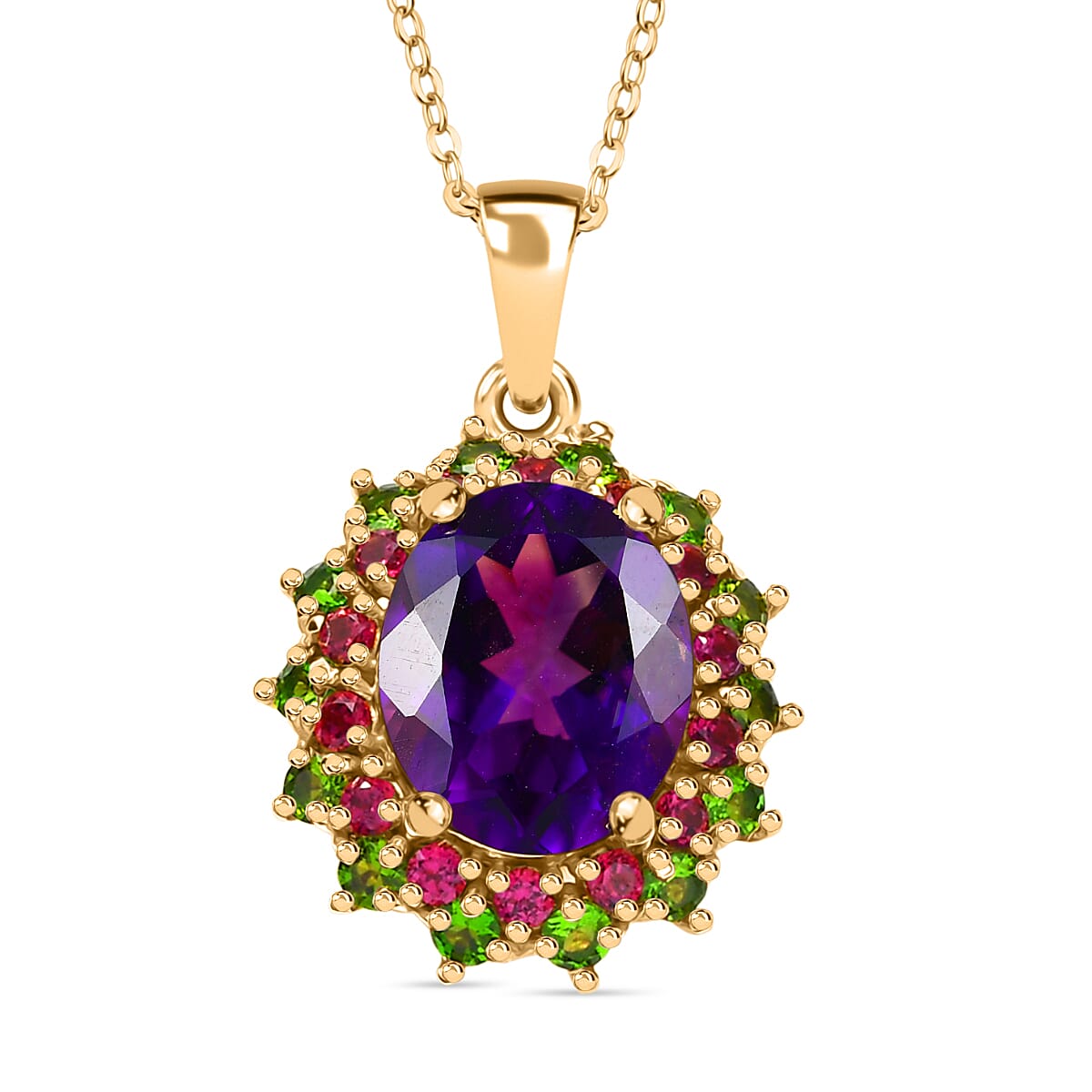 Moroccan Amethyst,  Rhodolite Garnet,  Natural Chrome Diopside Pendant with Chain (Size 20) in 18K YG Vermeil Sterling Silver 1.06 ct  Silver Wt. 5.17 Gms  4.710  Ct.