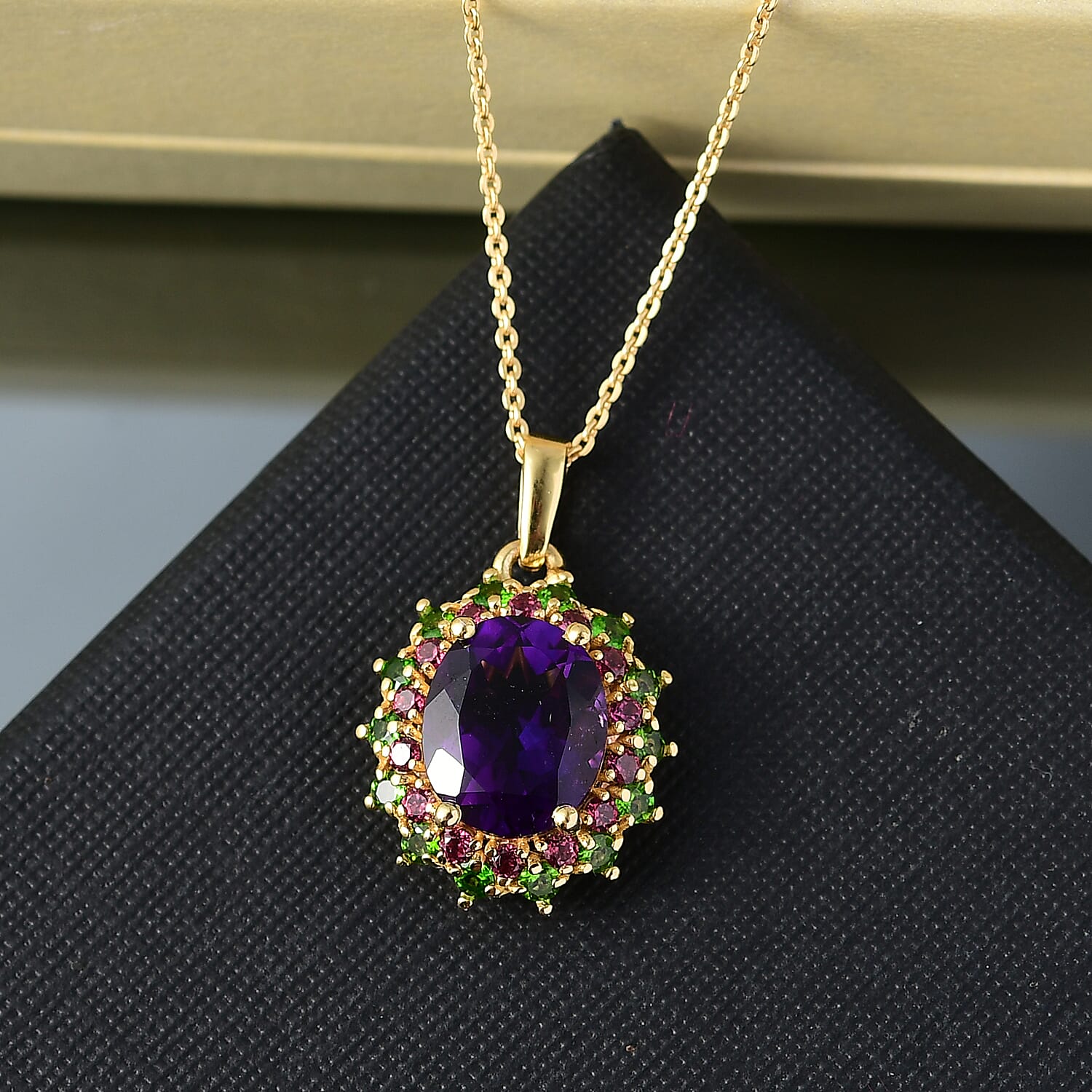 Moroccan Amethyst,  Rhodolite Garnet,  Natural Chrome Diopside Pendant with Chain (Size 20) in 18K YG Vermeil Sterling Silver 1.06 ct  Silver Wt. 5.17 Gms  4.710  Ct.