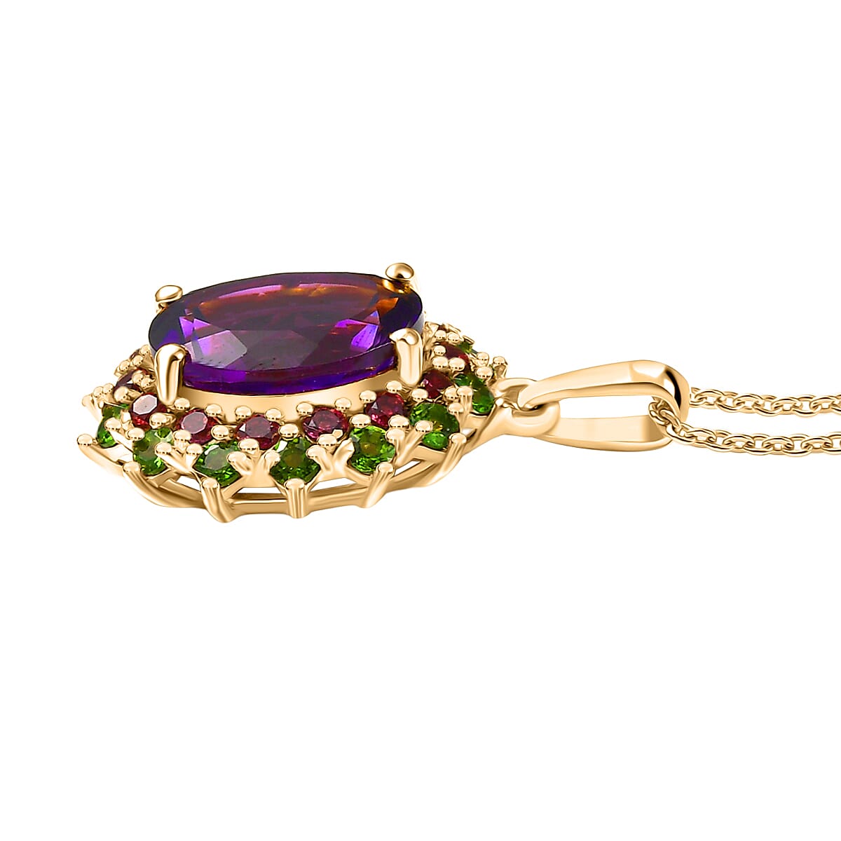 Moroccan Amethyst,  Rhodolite Garnet,  Natural Chrome Diopside Pendant with Chain (Size 20) in 18K YG Vermeil Sterling Silver 1.06 ct  Silver Wt. 5.17 Gms  4.710  Ct.