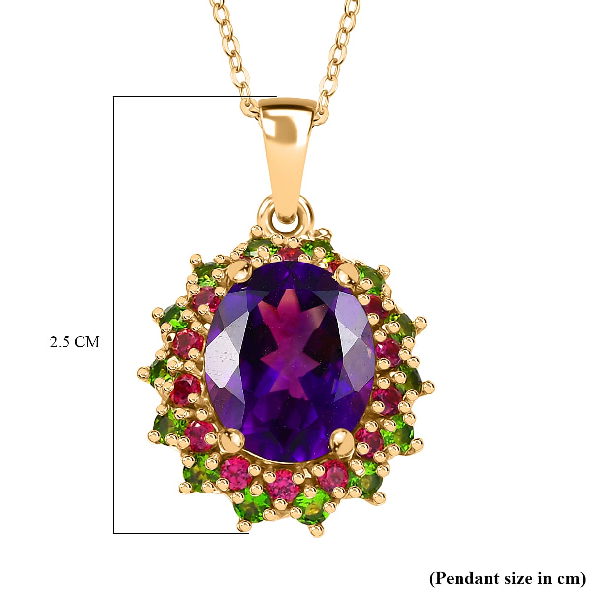 Moroccan Amethyst,  Rhodolite Garnet,  Natural Chrome Diopside Pendant with Chain (Size 20) in 18K YG Vermeil Sterling Silver 1.06 ct  Silver Wt. 5.17 Gms  4.710  Ct.