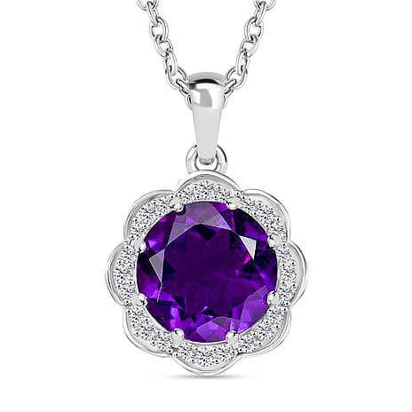 Moroccan Amethyst & White Zircon Pendant with Chain (Size 20) in Rhodium Overlay Sterling Silver 4.32 Ct.
