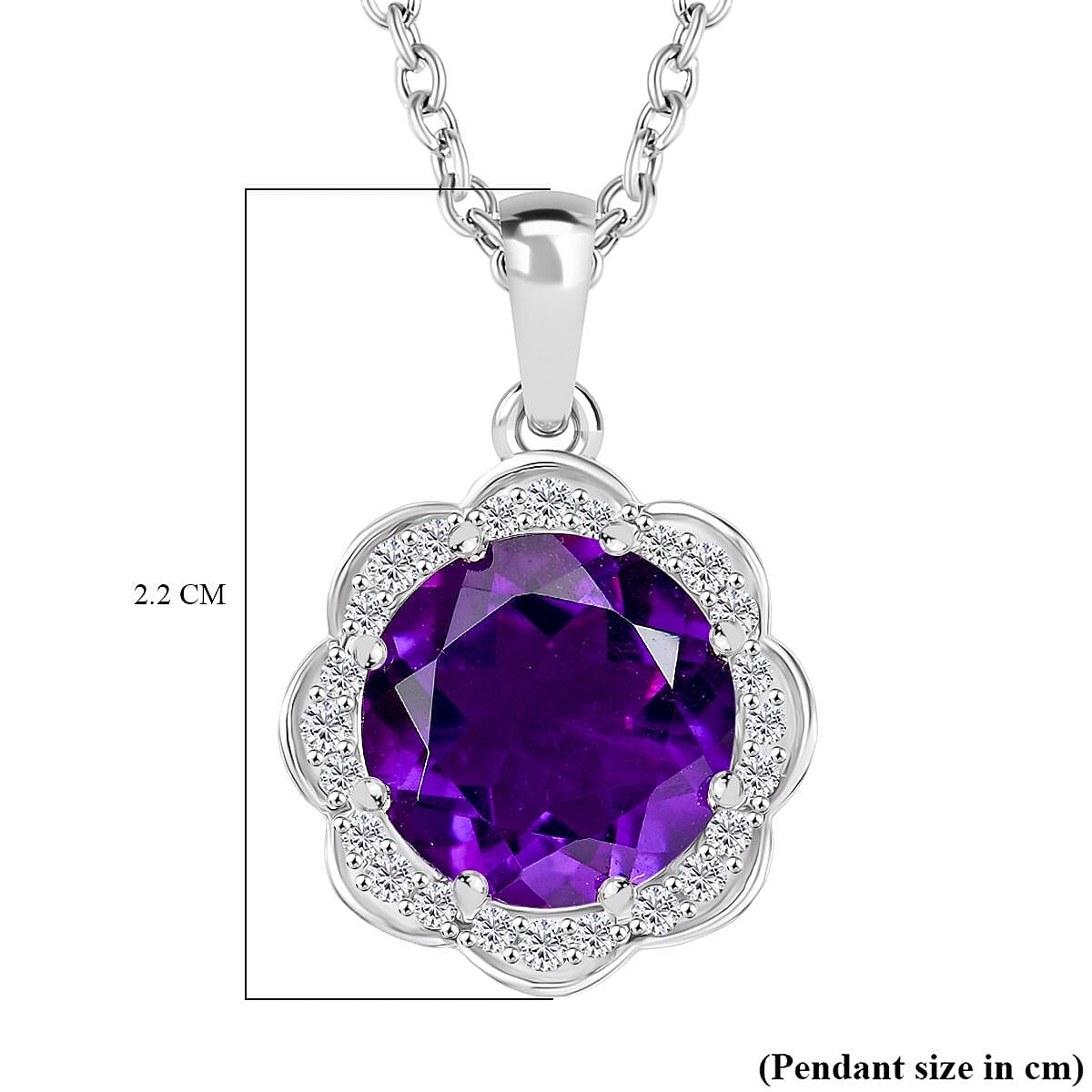 Moroccan Amethyst, White Zircon Pendant with Chain (Size 20) in Rhodium Overlay Sterling Silver 0.36 ct 4.320 Ct. Moroccan Amethyst, White Zircon Pendant with Chain (Size 20) in Rhodium Overlay Sterling Silver 0.36 ct 4.320 Ct.