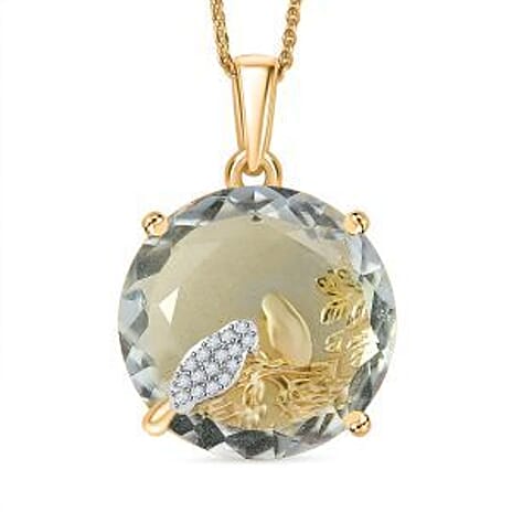 GP Italian Garden Collection - Green Amethyst, White Zircon & Kanchanaburi Blue Sapphire Pendant with Chain (Size 20) in 18K Vermeil Yellow Gold Plated Sterling Silver 15.25 Ct.